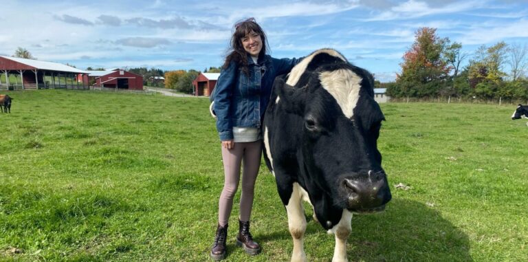 A photo of Amanda Waxman standing in a grassy field with a cow with a bright blue sky overhead