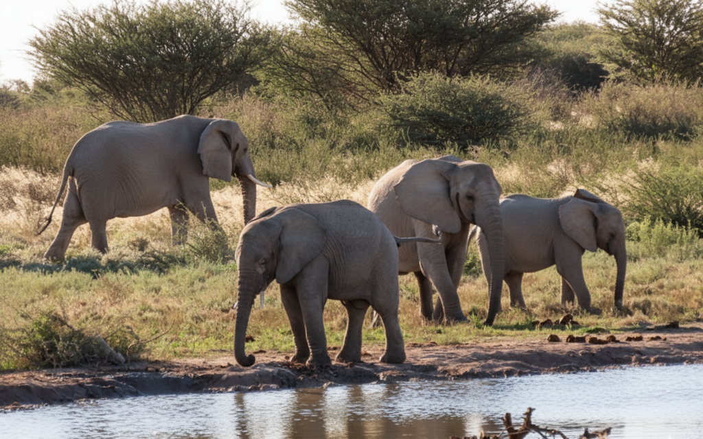 group of elephants in the wild by the water
