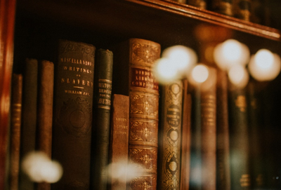 Books about slavery and rights behind glass.