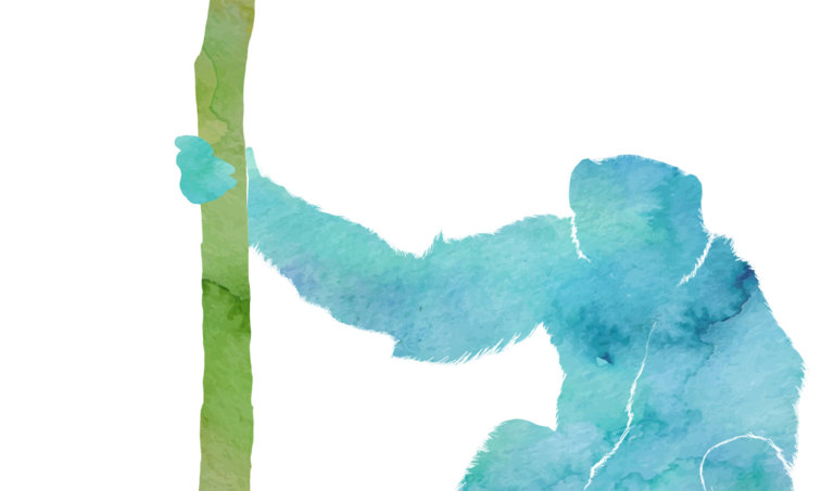 Watercolor illustration of a chimpanzee next to a tree.